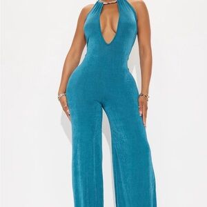 Fashion Nova Teal Plunge Jumpsuit